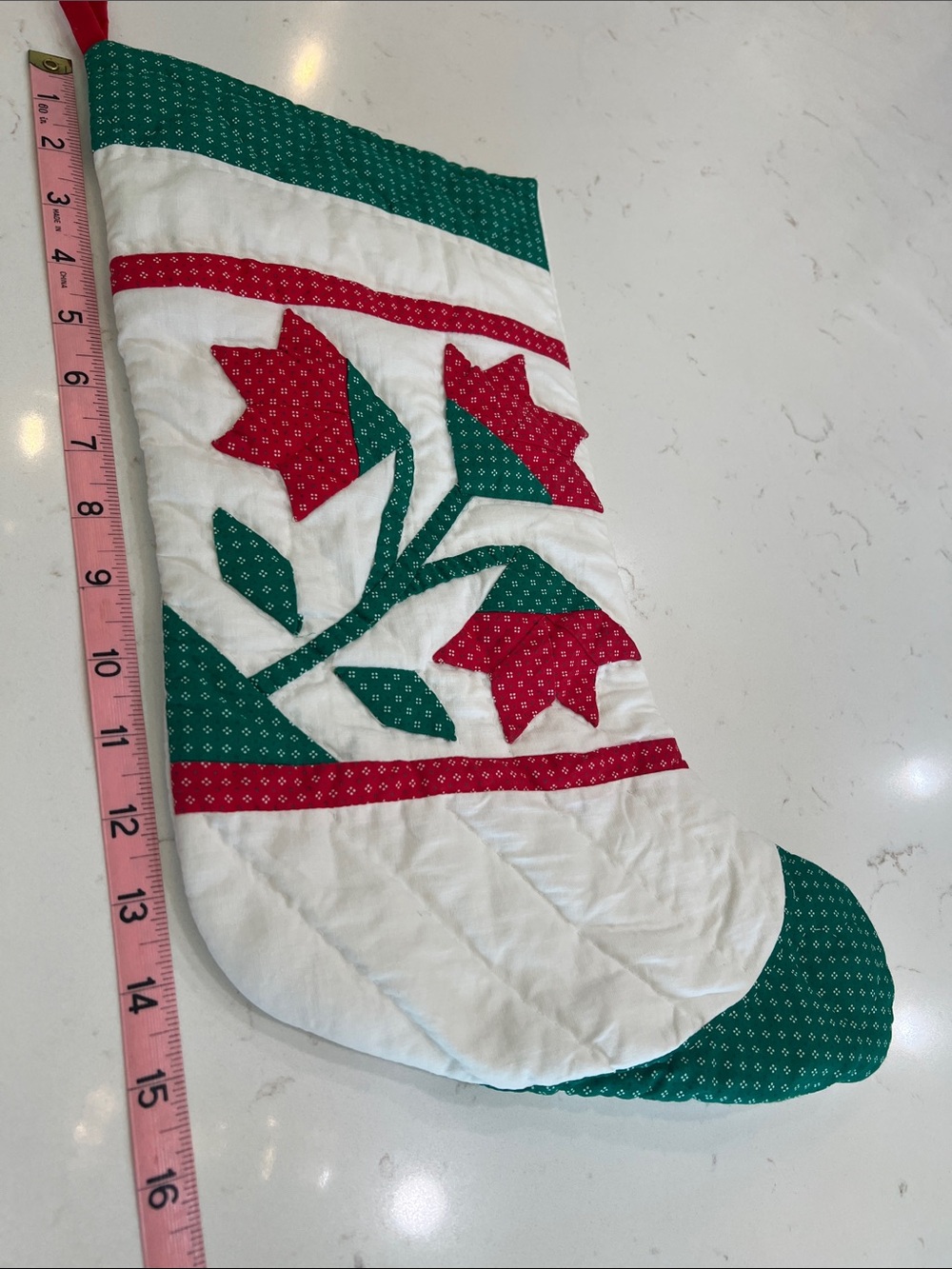Handmade Quilted Christmas Stocking Floral Appliqué Red Green - Picture 7 of 9